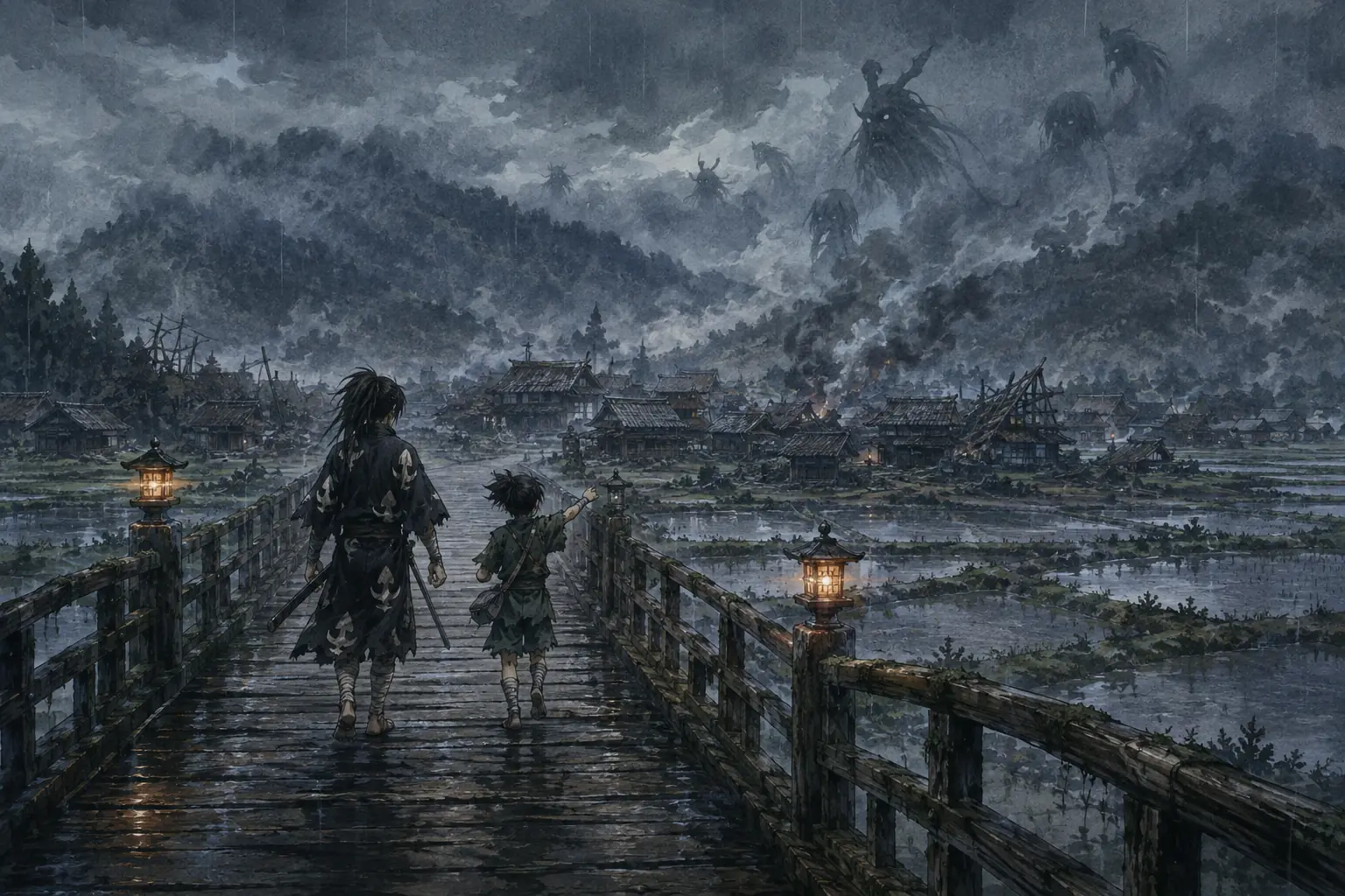 Dororo et Hyakkimaru traversant un pont vers un village du Japon féodal sous la pluie