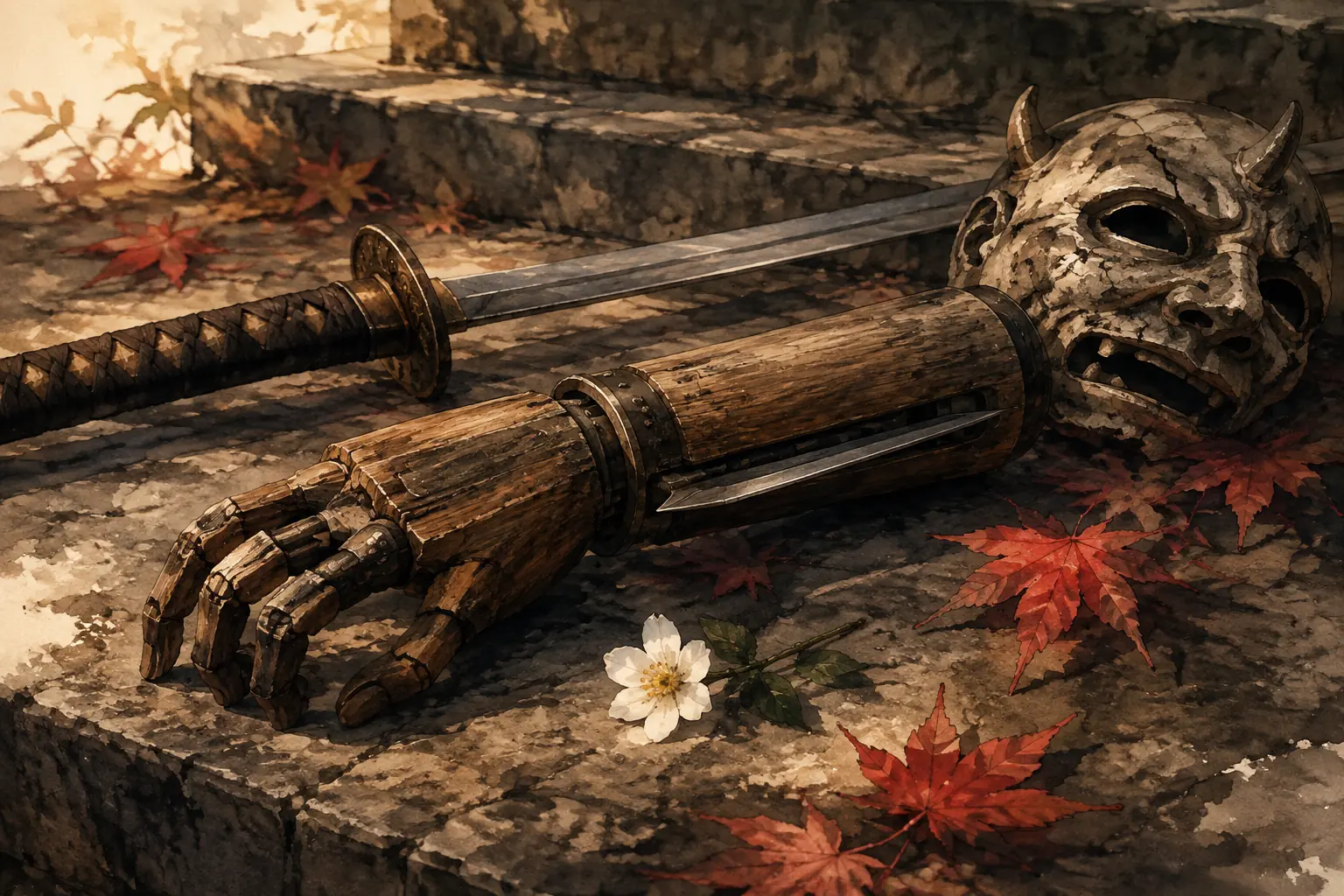 Prothèse de Hyakkimaru, sabre et masque de démon symbolisant sa quête d’humanité