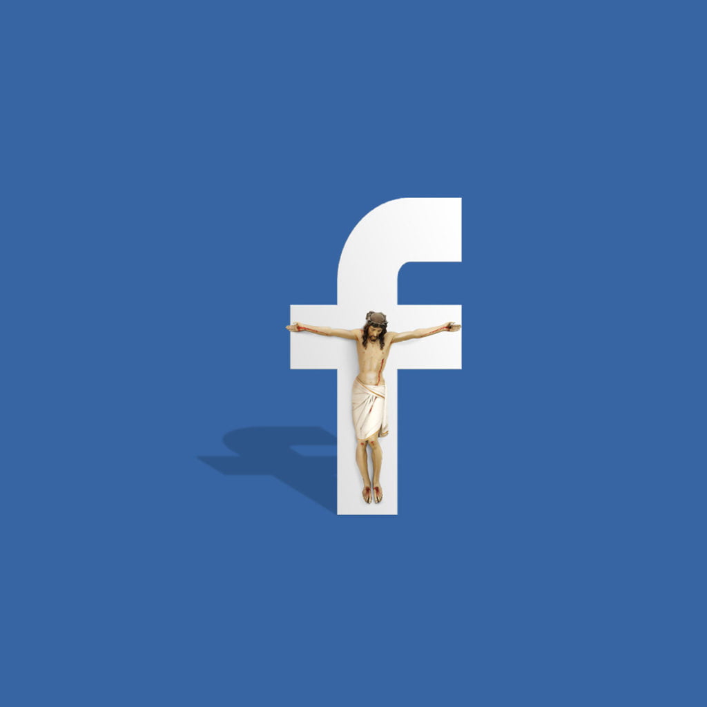 Montages photos d'un Christ crucifié sur le logo Facebook par 360Brain
