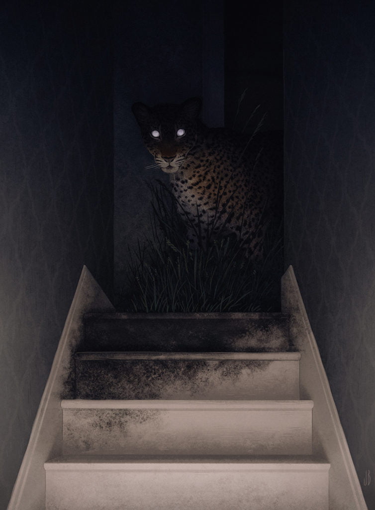 Jenna Barton leopard dans l'escalier