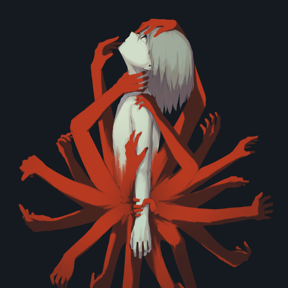 Homme pris par des mains rouges