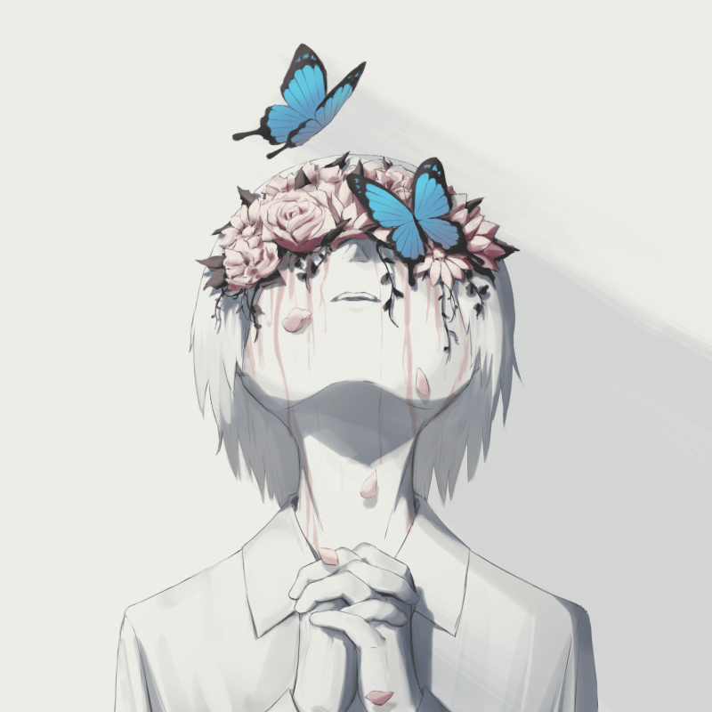 Homme avec des roses dans les yeux et des papillons bleus