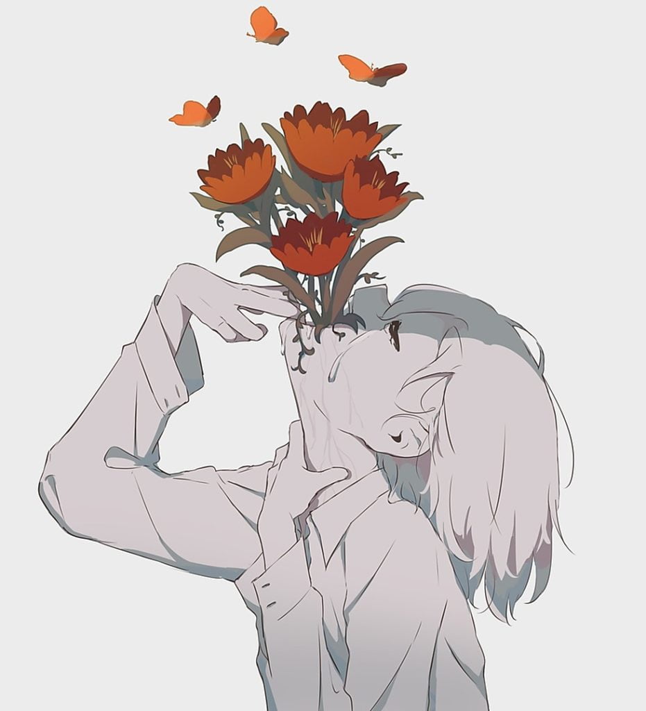 Homme avale un bouquet de fleurs