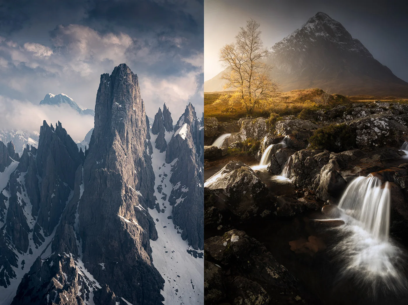 Deux paysages verticaux montrant une aiguille rocheuse et une cascade de montagne