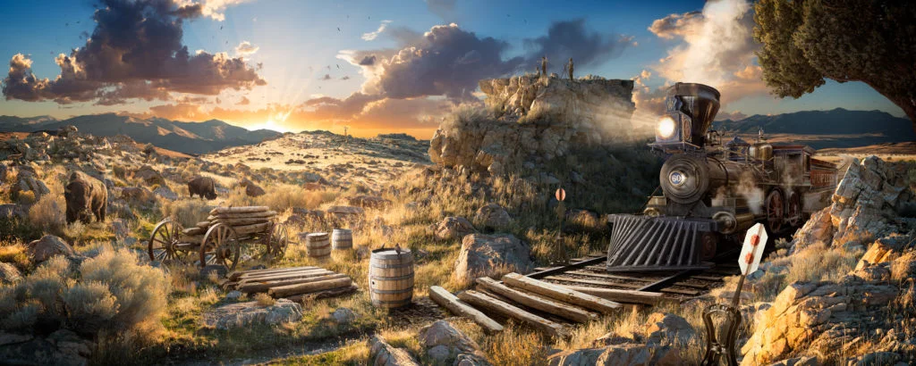 "Westward", une nouvelle illustration commémorant le 150e anniversaire de la Transcontinental Railroad - achevée au Promontory Summit dans l'Utah en 1869. Commandée par Utah Arts & Museums, cette image a été largement exposée dans le cadre de la célébration Spike150 dans tout l'État visant à inspirer, éduquer, et réfléchissez à l'héritage du chemin de fer Transcontinental. Pour cette pièce, je voulais recréer une scène du vieil ouest, en imaginant la grande réalisation du chemin de fer ouvrant ce vaste nouveau terrain. Mon objectif avec cette image était de montrer le sentiment de crainte et d'émerveillement pendant cette période, en imaginant un paysage de formations rocheuses monumentales et de vastes étendues parcourues par des troupeaux de bisons. Avec ce projet, j'ai été très inspiré par les premiers artistes occidentaux comme Albert Bierstadt et Thomas Moran dont le travail résume vraiment l'idée de «l'Occident comme terre promise, luxuriante de merveilles naturelles magnifiques et mûr pour le développement». Ma pièce «Westward» illustre ce concept de Manifest Destiny, ouvrant la voie à la civilisation occidentale dans le nouveau monde. Nick Pedersen