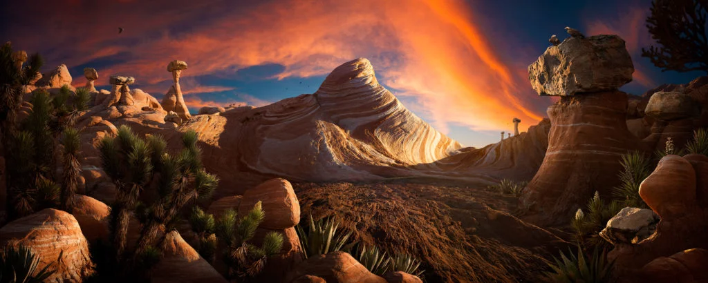 "Visions", une image panoramique à grande échelle créée en utilisant des images désertiques de cactus, de hoodoos et de formations rocheuses que j'ai photographiées lors de voyages récents dans le sud de l'Utah et dans la Valley of Fire. Avec cette pièce, j'ai voulu expérimenter et amener mon travail dans de nouvelles directions, à la fois techniquement et esthétiquement. Une grande partie de mes travaux passés a exploré la frontière conceptuelle entre la photographie et l'illustration, tirant parti des outils d'imagerie numérique pour créer de nouveaux mondes avec mes photographies. Je suis très fasciné par le terme «réalisme magique», utilisé dans l’art et la littérature pour «représenter une vision réaliste du monde tout en ajoutant ou révélant des éléments magiques». Je voulais intégrer ce concept dans mes images, et dépeindre des scènes d'un autre monde inspirées de la science-fiction et de la mythologie. Pour ce projet, mon objectif était de pousser cette idée encore plus loin et de créer un travail encore plus surréaliste qui défie les perceptions photographiques de la réalité par rapport à l'illusion. Nick Pedersen