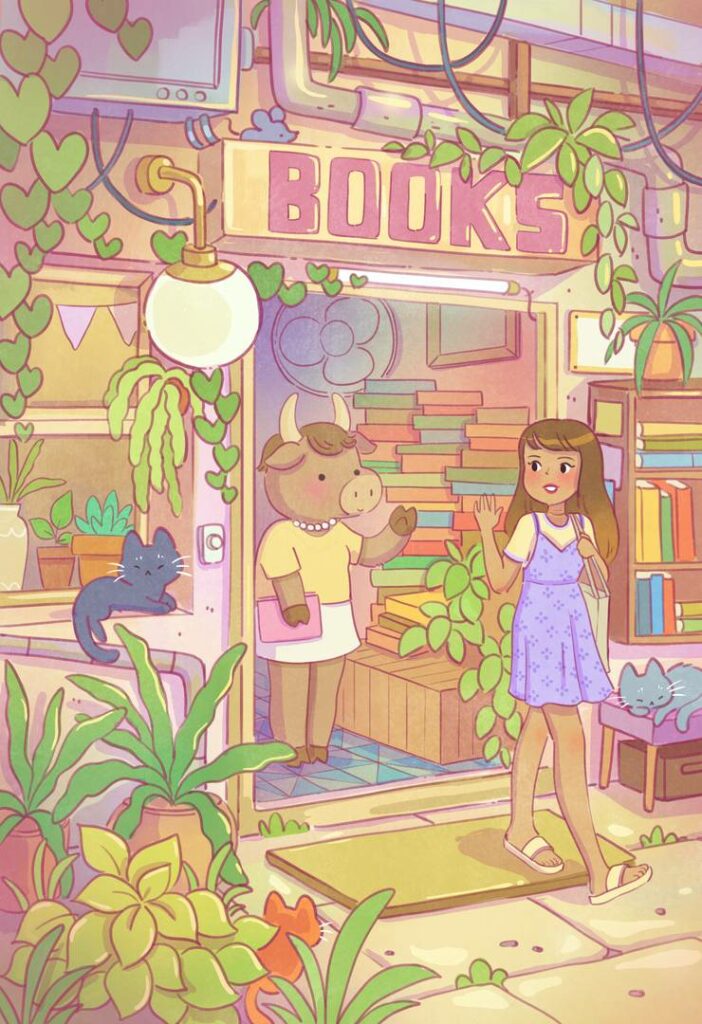 fille sort de la librairie 