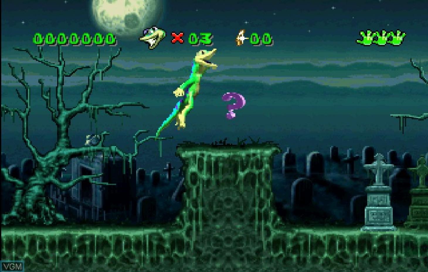 Gex dans un niveau de cimetière du jeu de plateforme sorti en 1995