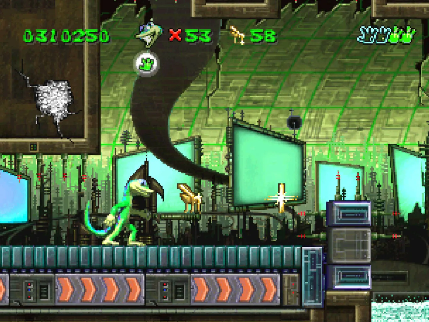 Gex explore Rezopolis au milieu d’écrans et de machines