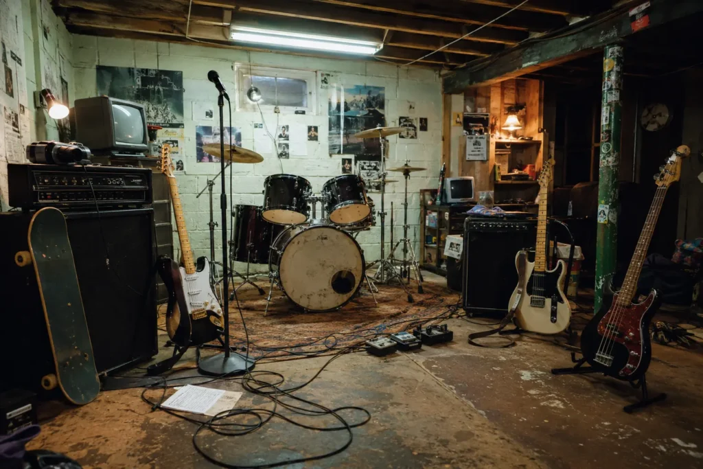 Local de répétition avec guitares, batterie et skateboard, évocation des débuts de Sum 41