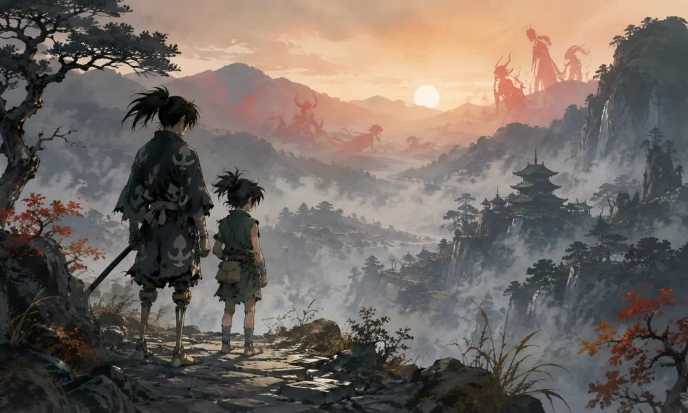Hyakkimaru et Dororo observant une vallée du Japon féodal peuplée de démons