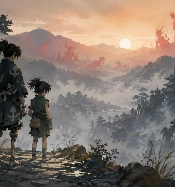 Hyakkimaru et Dororo observant une vallée du Japon féodal peuplée de démons