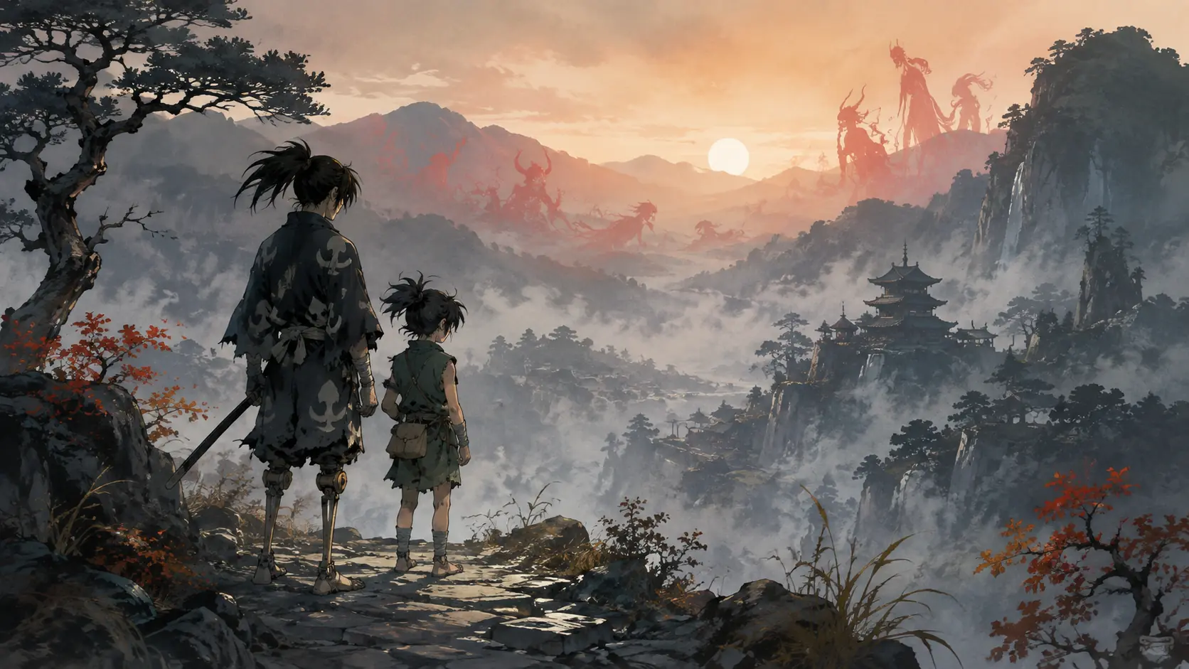 Hyakkimaru et Dororo observant une vallée du Japon féodal peuplée de démons