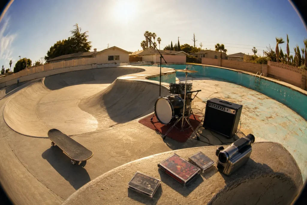 Skatepark avec batterie, amplificateur et caméscope évoquant la culture pop-punk de Blink-182