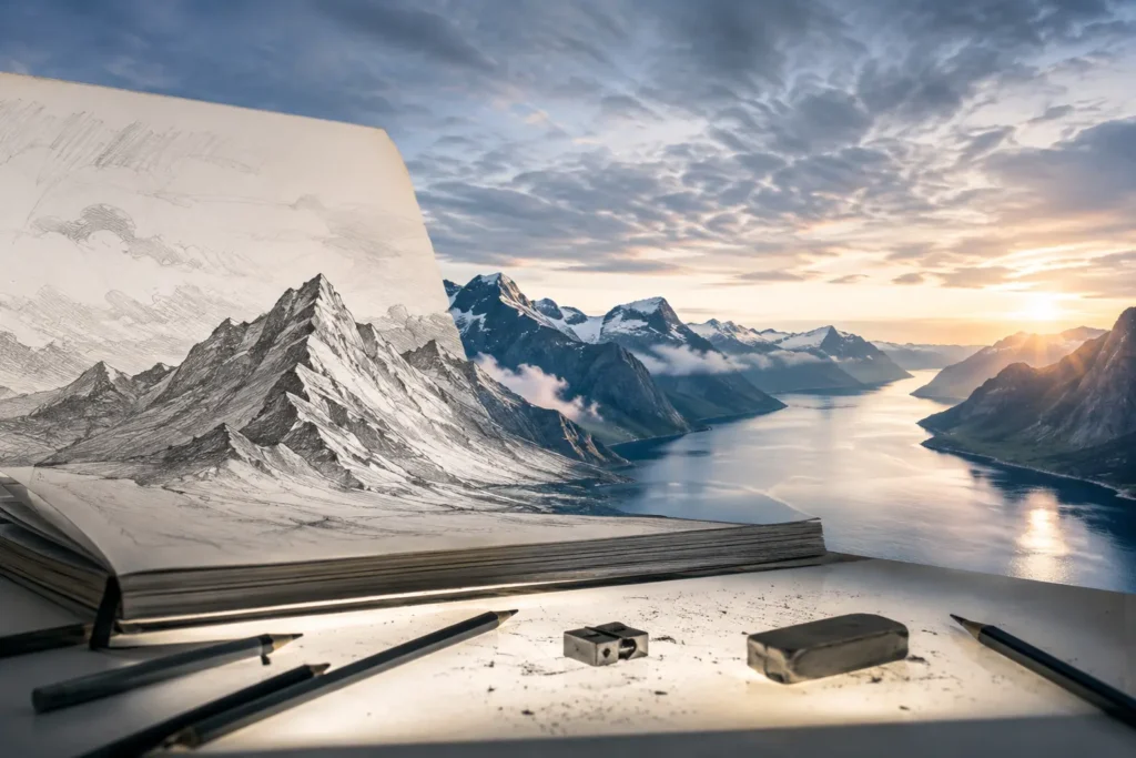 Dessin au crayon se transformant en fjord norvégien, évocation de l’univers visuel d’a-ha