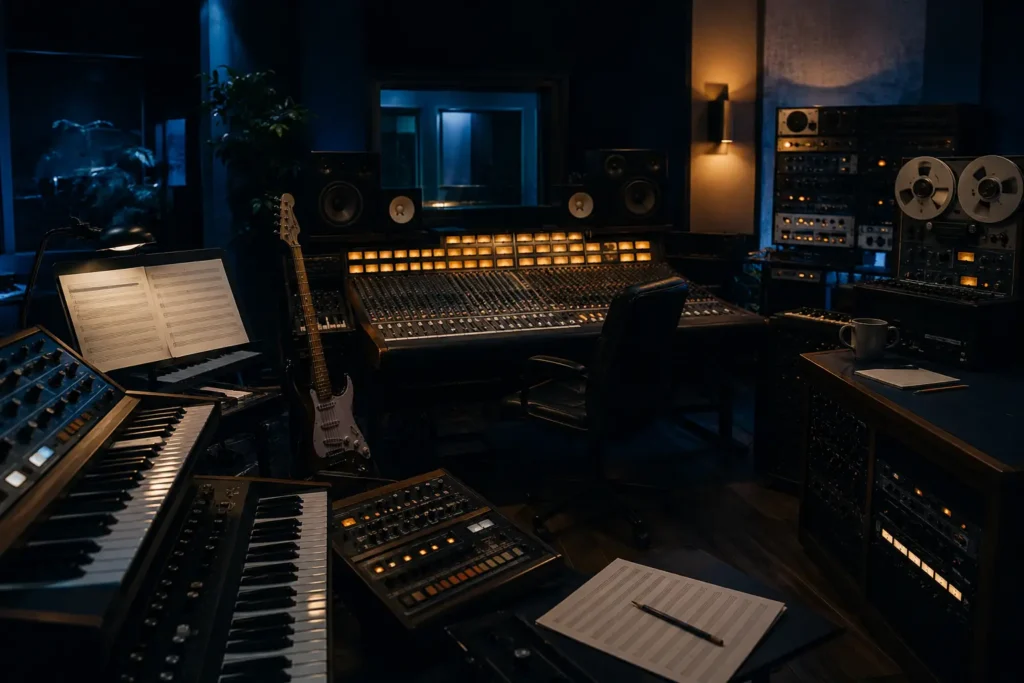 Studio d’enregistrement des années 1980 avec synthétiseurs analogiques, évocation de l’album Hunting High and Low d’a-ha