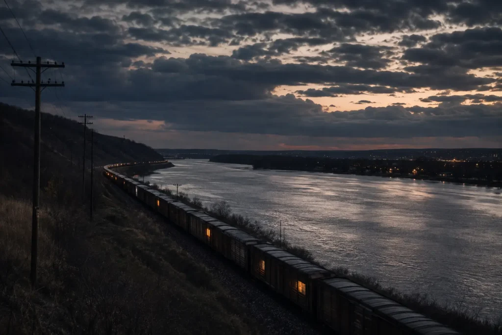 Train de marchandises longeant le Mississippi au crépuscule, évocation des chansons de Johnny Cash