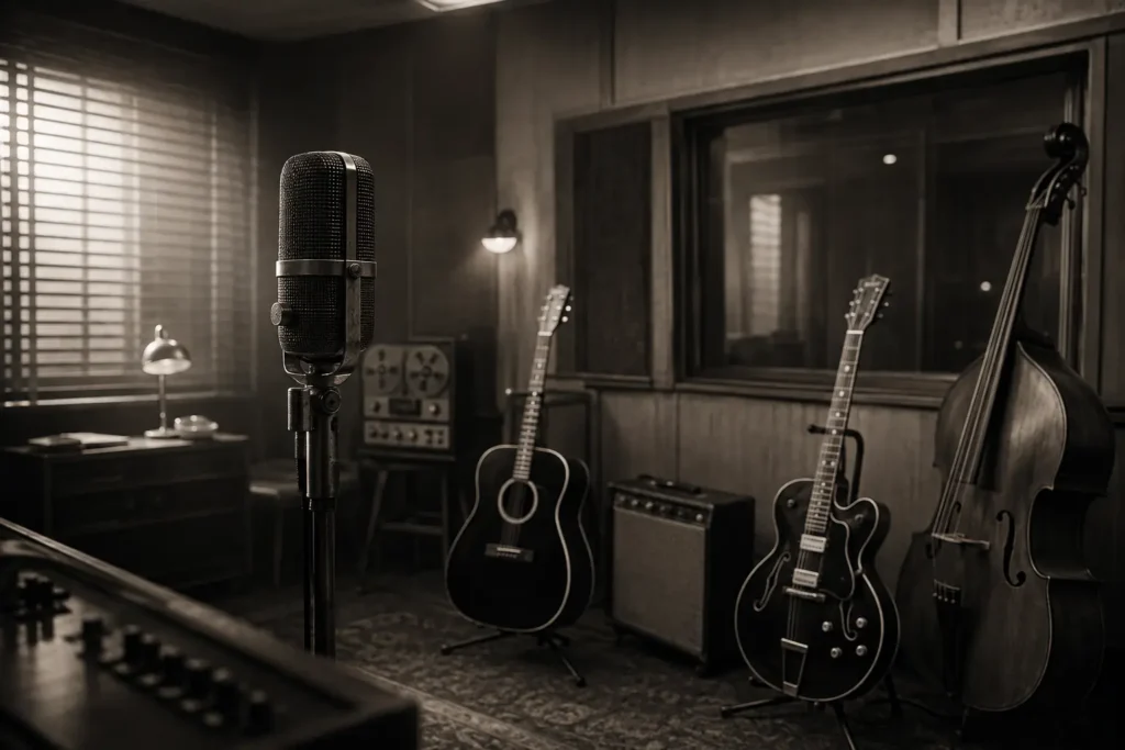 Studio d’enregistrement américain des années 1950 avec microphone et instruments country