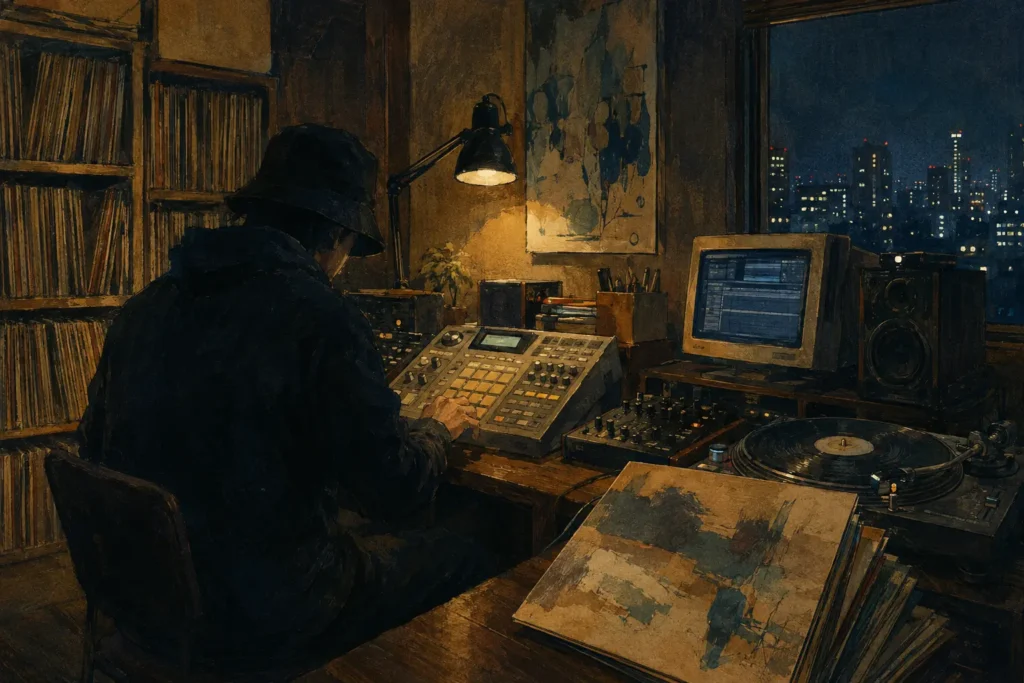 Illustration éditoriale d’un producteur anonyme dans un studio tokyoïte des années 2000