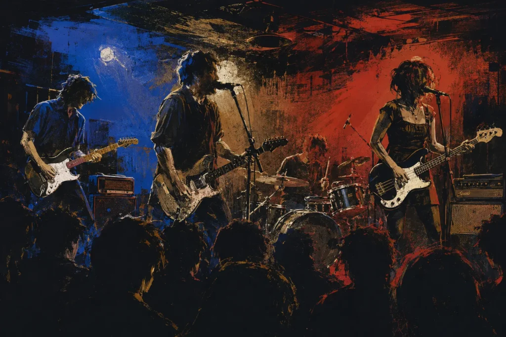 Illustration d’un groupe anonyme jouant dans un petit club en 1988