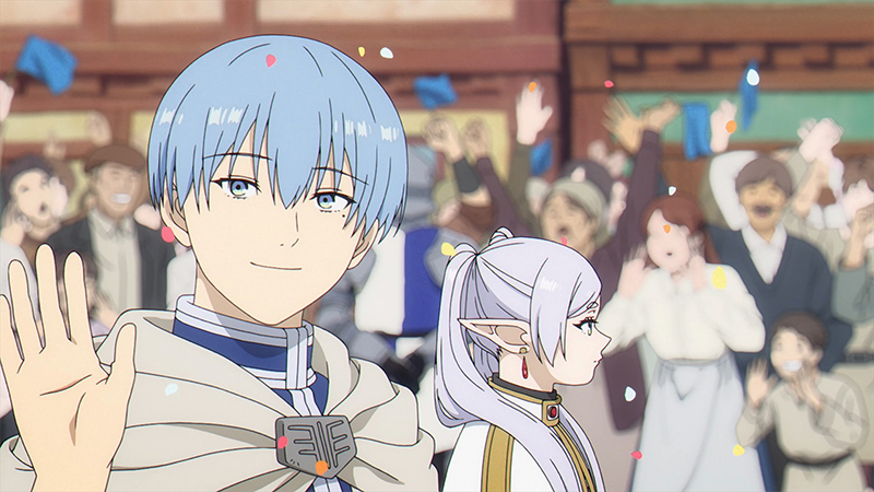 Himmel saluant la foule aux côtés de Frieren dans le premier épisode de l’anime