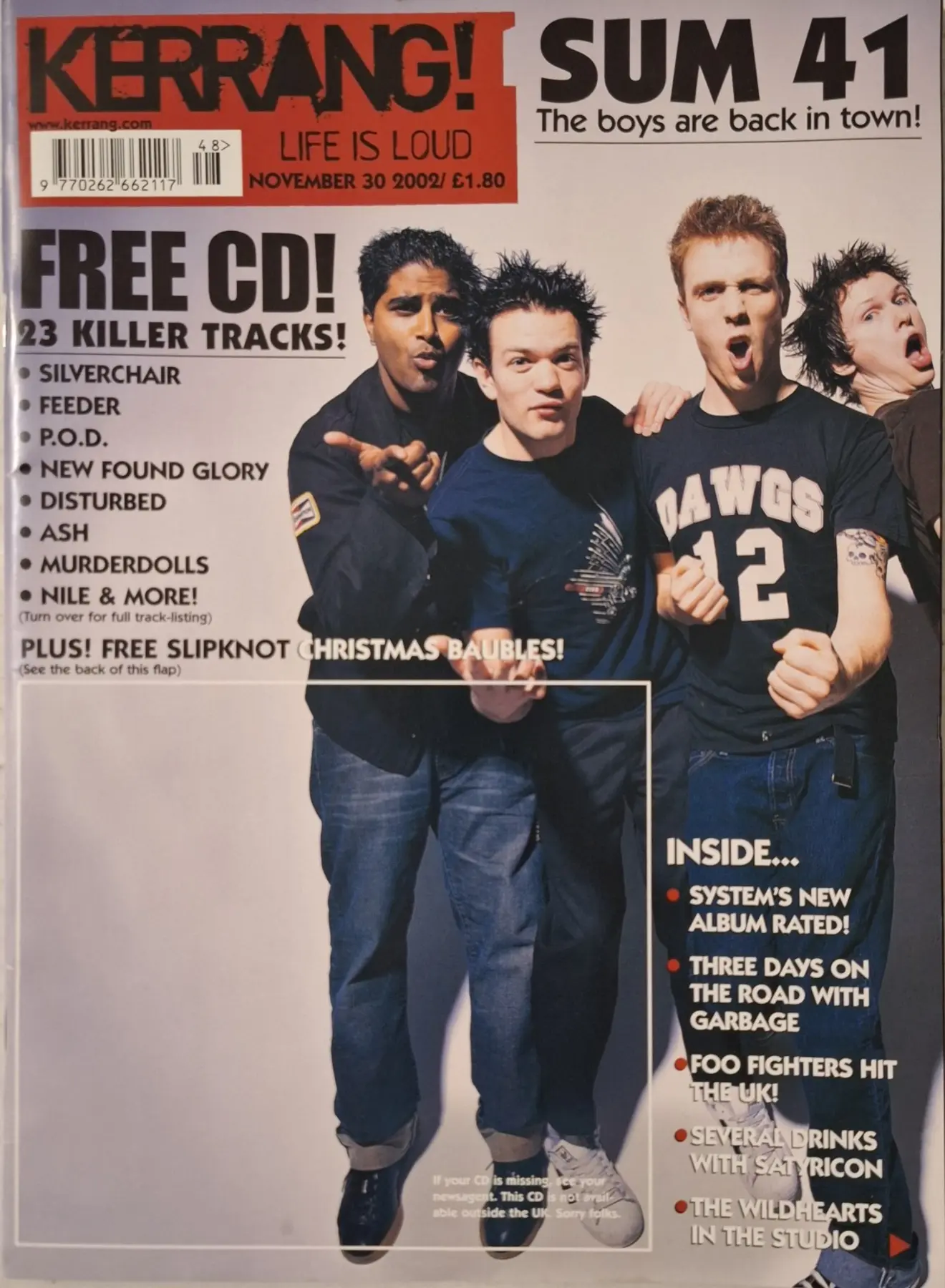 Sum 41 en couverture du magazine Kerrang le 30 novembre 2002