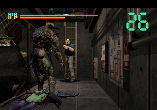 Combat contre une créature infectée dans un couloir d’Extermination sur PS2