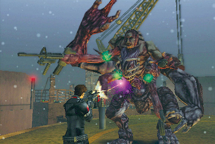 Dennis Riley affronte un gigantesque mutant dans Extermination PS2
