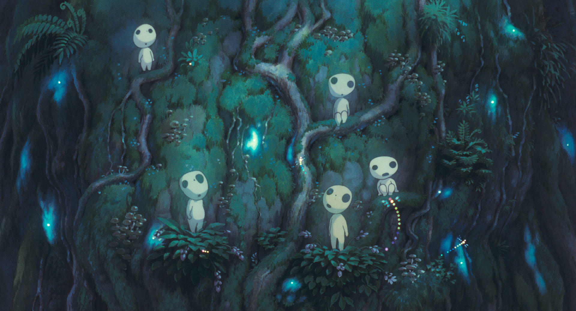 Des kodama lumineux réunis dans la forêt de Princesse Mononoké